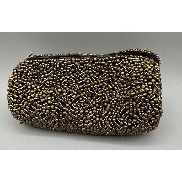 Pocketbook Gold Beaded Clutch Evening Bag with Strap Zipper 6 Inches Long - Picture 1 of 5